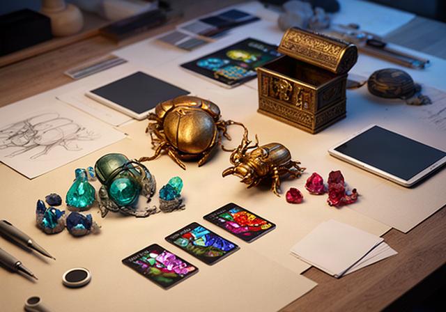 Tavolo di studio con asset 3D originali, scarabei dorati e prove di schermate per un gioco mobile
