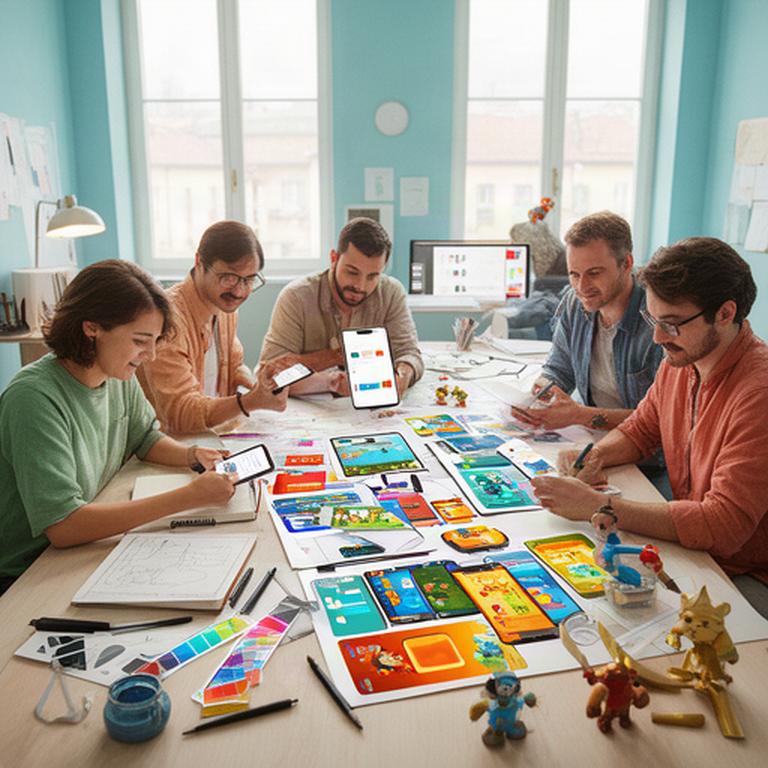 Team di designer e artisti 3D riunito in uno studio luminoso di Pianezza, tra tavole di interfacce mobile e concept di giochi