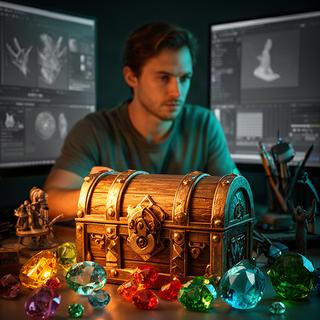 Artista 3D che regola luci calde su un modello di scrigno e gioielli per un gioco mobile