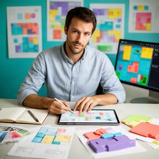 Lead designer al lavoro su una schermata di gioco casual con tavole colorate nello studio piemontese
