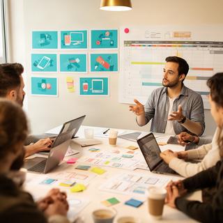 Project manager in riunione con storyboard e calendario di produzione per un progetto mobile
